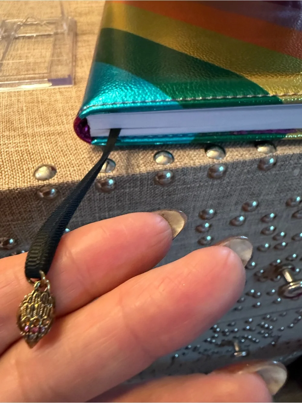 Rainbow Striped Leather Notebook Cover with Gold Crest Accent
